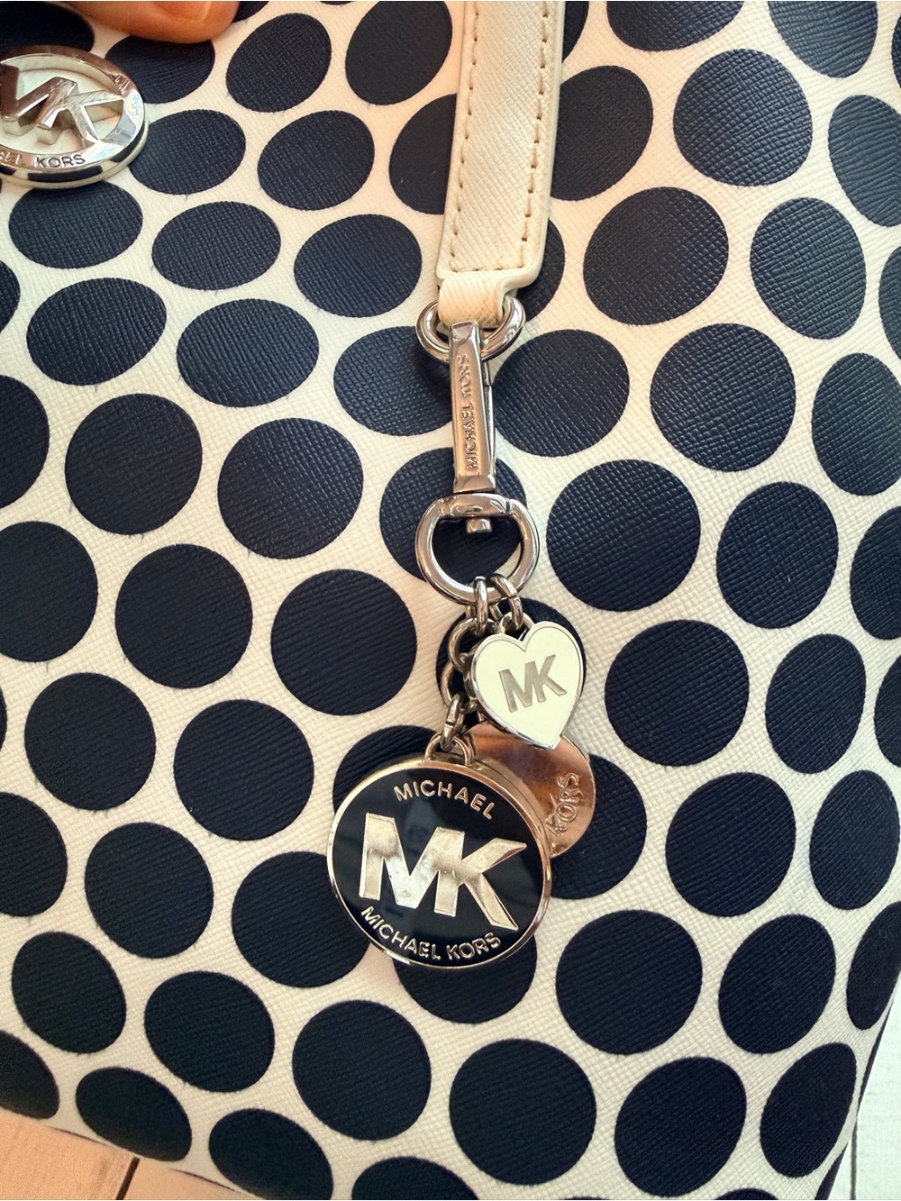Michael Kors | Kiki Polka Dot Tote Bag, Navy and White with MK Charm - Picture 6 of 14